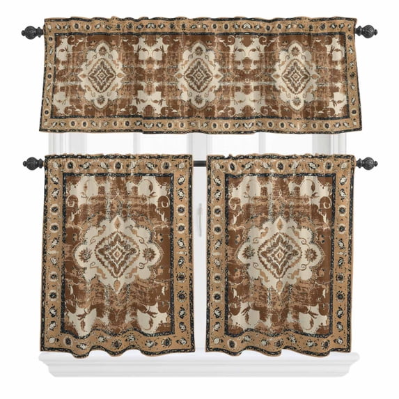 3 Piece Kitchen Curtains and Valances Set Brown Boho Cafe Curtains 24 Inch Length Retro Western Rustic Ethnic Tribal Patterns Valance & Tier Curtain for Living Room Bedroom Window 54"x18"+27"x24"*2