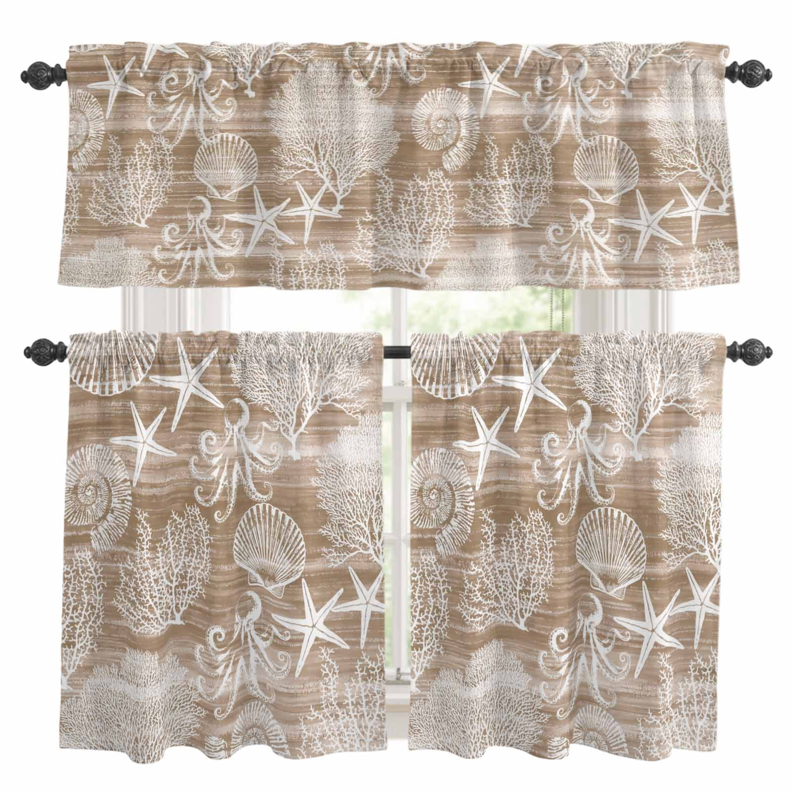 3 Piece Kitchen Curtains and Valances Set Brown Coastal Cafe Curtains ...