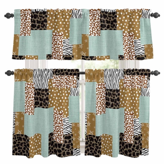 3 Piece Kitchen Curtains and Valances Set Brown Dots Leopard Cafe Curtains 36 Inch Length Zebra Teal Linen Patchwork Valance & Tier Curtain for Living Room Bedroom Small Window 54"x18"+27"x36"*2