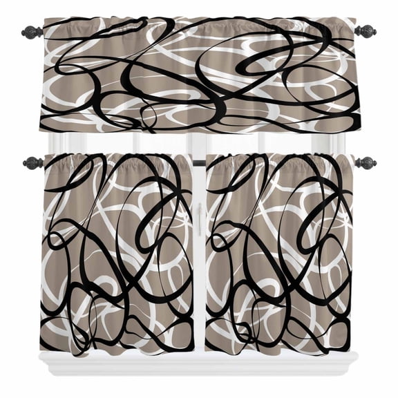 3 Piece Kitchen Curtains and Valances Set Brown Geometric Cafe Curtains 24 Inch Length Vintage Black White Striped Abstract Art Valance & Tier Curtain for Living Room Bedroom Window 54"x18"+27"x24"*2