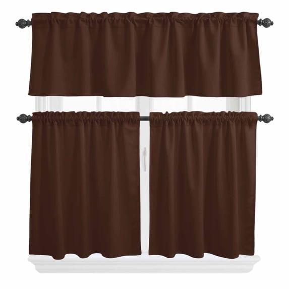 3 Piece Kitchen Curtains and Valances Set Brown Pure Color Cafe Curtains 24 Inch Length Aesthetics Contemporary Luxury Valance & Tier Curtain for Living Room Bedroom Small Window 54"x18"+27"x24"*2
