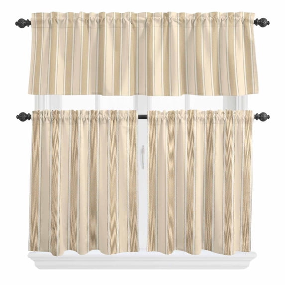 3 Piece Kitchen Curtains and Valances Set Brown Stripe Cafe Curtains 36 Inch Length Modern Farmhouse Texture Geometric Valance & Tier Curtain for Living Room Bedroom Small Window 54"x18"+27"x36"*2