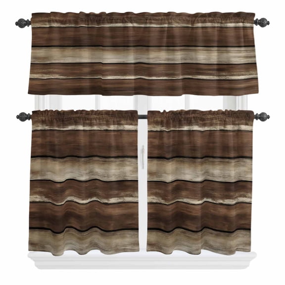 3 Piece Kitchen Curtains and Valances Set Brown Wooden Cafe Curtains 24 Inch Length Vintage Farmhouse Retro Art Valance & Tier Curtain for Living Room Bedroom Small Window 54"x18"+27"x24"*2