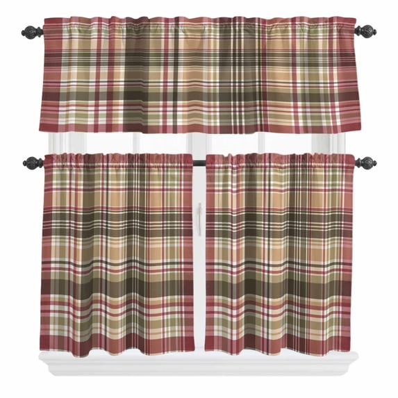 3 Piece Kitchen Curtains and Valances Set Buffalo Plaid Cafe Curtains 24 Inch Length Modern Farmhouse Colorful Checkered Valance & Tier Curtain for Living Room Bedroom Small Window 54"x18"+27"x24"*2
