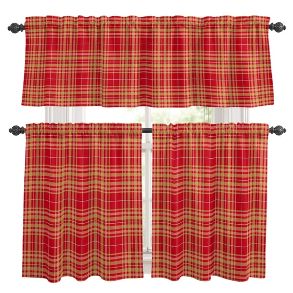 3 Piece Kitchen Curtains and Valances Set Buffalo Plaid Cafe Curtains 36 Inch Length Amber Orange Farmhouse Gingham Striped Valance & Tier Curtain for Living Room Bedroom Window 54"x18"+27"x36"*2