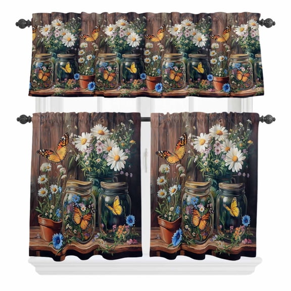 3 Piece Kitchen Curtains and Valances Set Butterfly Floral Cafe Curtains 24 Inch Length Country Daisy Wildflower Brown Barn Door Valance & Tier Curtain for Living Room Bedroom 54"x18"+27"x24"*2