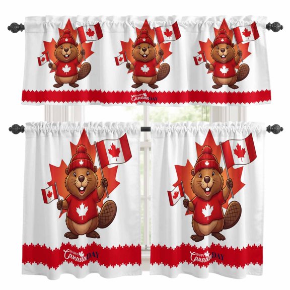 3 Piece Kitchen Curtains and Valances Set Canada Beavers Cafe Curtains 24 Inch Length Modern Chic Maple Leaf Red Brown Valance & Tier Curtain for Living Room Bedroom Small Window 54"x18"+27"x24"*2