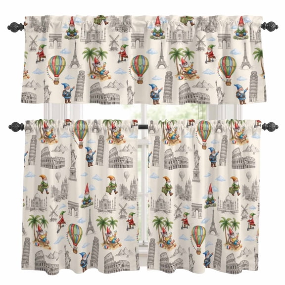 3 Piece Kitchen Curtains and Valances Set Cartoon Gnomes Cafe Curtains 24 Inch Length Bisaya Tower Eiffel Tower Scenic Spot Valance & Tier Curtain for Living Room Bedroom Window 54"x18"+27"x24"*2