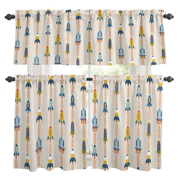 3 Piece Kitchen Curtains and Valances Set Cartoon Space Shuttle Cafe Curtains 36 Inch Length Spaceship Galaxy Shuttlecraft Universe Valance & Tier Curtain for Living Room Bedroom 54"x18"+27"x36"*2