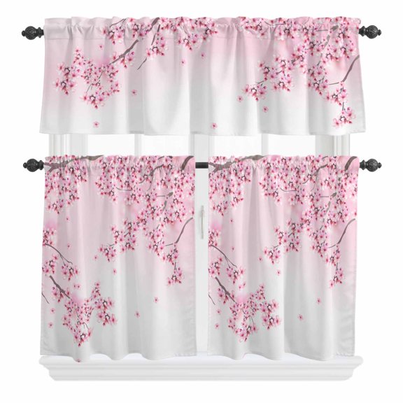 3 Piece Kitchen Curtains and Valances Set Cherry Blossom Cafe Curtains 36 Inch Length Gradient Tree Pink Flower Plant Valance & Tier Curtain for Living Room Bedroom Small Window 54"x18"+27"x36"*2