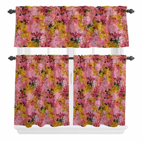 3 Piece Kitchen Curtains and Valances Set Cherry Blossom Cafe Curtains 36 Inch Length Pink Yellow Flowers Oil Painting Art Valance & Tier Curtain for Living Room Bedroom Window 54"x18"+27"x36"*2