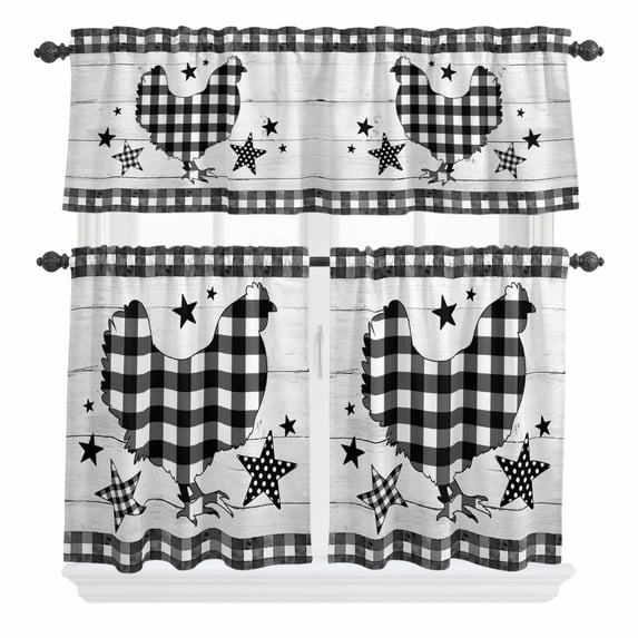 3 Piece Kitchen Curtains and Valances Set Chicken Hen Cafe Curtains 36 Inch Length Rooster Animals Farmhouse Plaid Country White Wooden Valance & Tier Curtain for Living Room 54"x18"+27"x36"*2