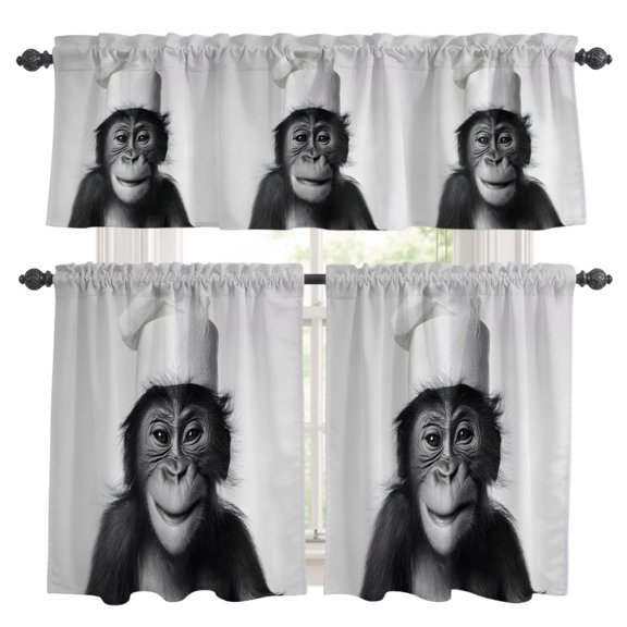 3 Piece Kitchen Curtains and Valances Set Chimpanzee Cafe Curtains 36 Inch Length Monkey Chef Funny Animal Humor Valance & Tier Curtain for Living Room Bedroom Small Window 54"x18"+27"x36"*2