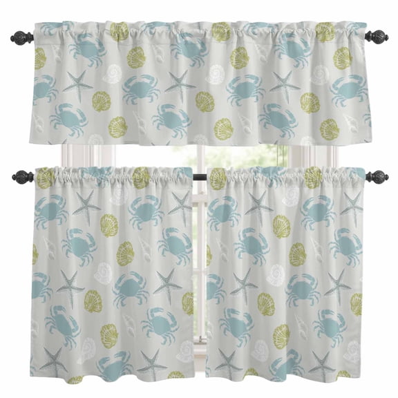 3 Piece Kitchen Curtains and Valances Set Coastal Crab Cafe Curtains 24 Inch Length Summer Nautical Beach Ocean Starfish Shell Valance & Tier Curtain for Living Room Bedroom Window 54"x18"+27"x24"*2