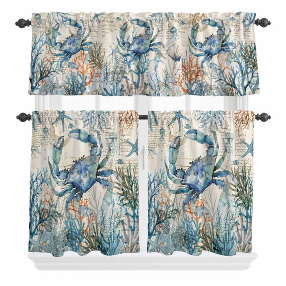 3 Piece Kitchen Curtains and Valances Set Coastal Crab Cafe Curtains 24 Inch Length Vintage Summer Beach Coral Ocean Valance & Tier Curtain for Living Room Bedroom Small Window 54"x18"+27"x24"*2