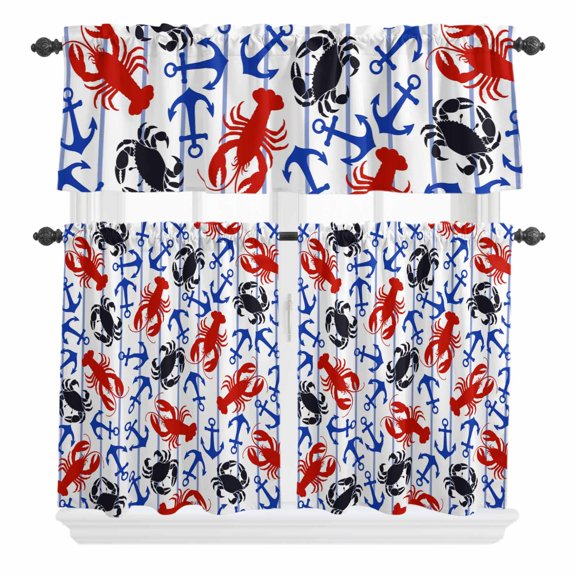 3 Piece Kitchen Curtains and Valances Set Coastal Crabs Cafe Curtains 24 Inch Length Blue Red Nautical Anchor Lobster Marine Life Valance & Tier Curtain for Living Room Bedroom 54"x18"+27"x24"*2