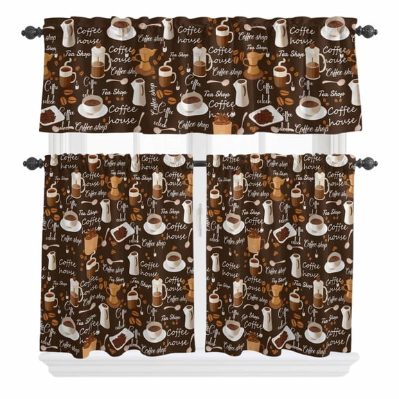 3 Piece Kitchen Curtains and Valances Set Coffee Cafe Curtains 24 Inch Length Brown Retro Coffee Theme Beans Latte Tea Cup Valance & Tier Curtain for Living Room Bedroom Window 54"x18"+27"x24"*2