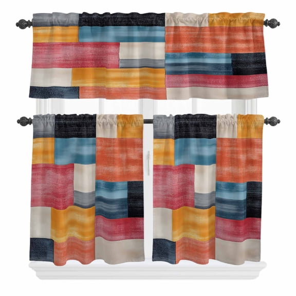 3 Piece Kitchen Curtains and Valances Set Colorful Abstract Geo Cafe Curtains 24 Inch Length Vintage Color Block Valance & Tier Curtain for Living Room Bedroom Small Window 54"x18"+27"x24"*2