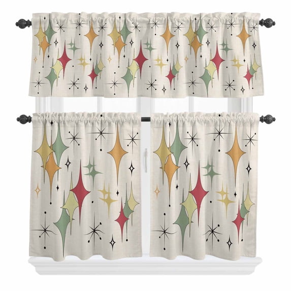 3 Piece Kitchen Curtains and Valances Set Colorful Diamond Cafe Curtains 36 Inch Length Modern Geometric Middle Century Beige Retro Valance & Tier Curtain for Living Room Bedroom 54"x18"+27"x36"*2