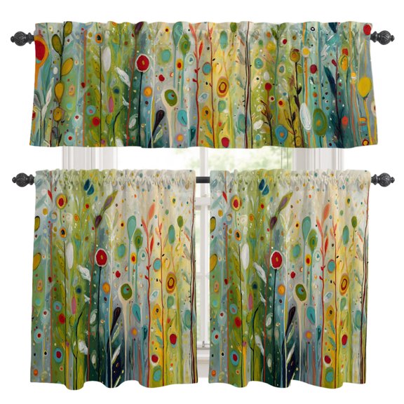 3 Piece Kitchen Curtains and Valances Set Colorful Wildflowers Cafe Curtains 36 Inch Length Country Botanical Flowers Dots Valance & Tier Curtain for Living Room Bedroom Window 54"x18"+27"x36"*2