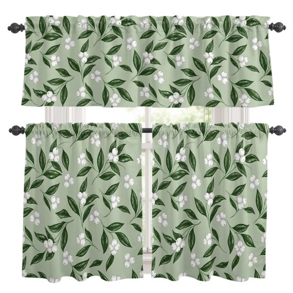 3 Piece Kitchen Curtains and Valances Set Country Green Leaves Cafe Curtains 36 Inch Length White Berries Farmhouse Botanical Valance & Tier Curtain for Living Room Bedroom Window 54"x18"+27"x36"*2