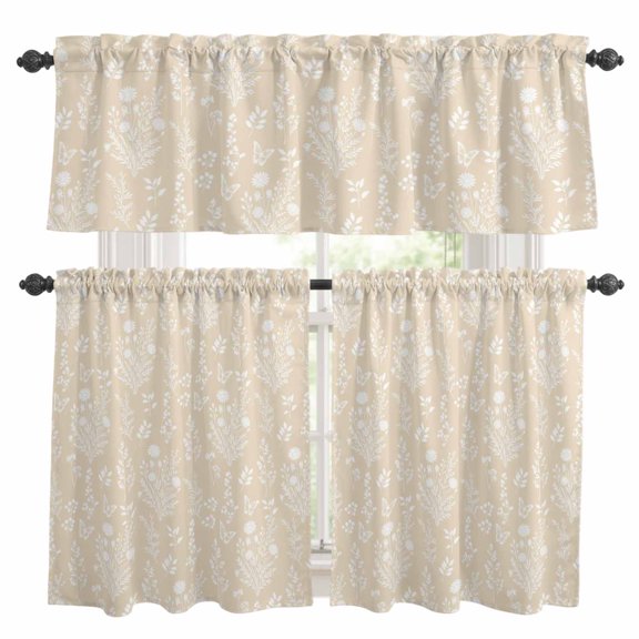 3 Piece Kitchen Curtains and Valances Set Cream Botanical Cafe Curtains 24 Inch Length Spring Summer Chic Wildflowers Valance & Tier Curtain for Living Room Bedroom Small Window 54"x18"+27"x24"*2