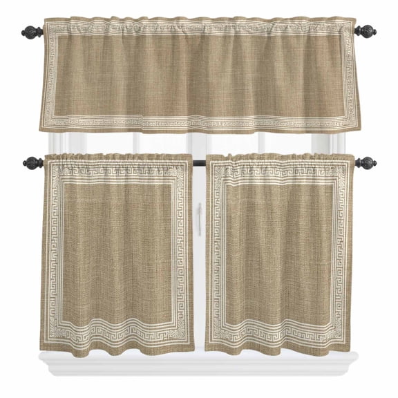 3 Piece Kitchen Curtains and Valances Set Cream Greek Key Cafe Curtains 24 Inch Length Geometric Greece Ancient Rustic Valance & Tier Curtain for Living Room Bedroom Small Window 54"x18"+27"x24"*2
