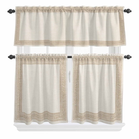 3 Piece Kitchen Curtains and Valances Set Cream Retro Greek Key Cafe Curtains 24 Inch Length Geometric Greece Ancient Farmhouse Rustic Valance & Tier Curtain for Living Room Bedroom 54"x18"+27"x24"*2