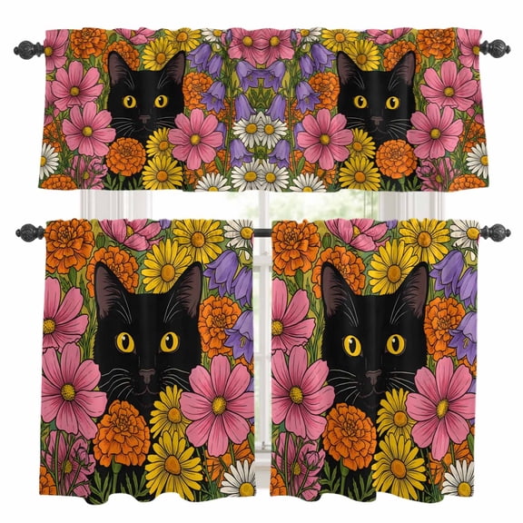 3 Piece Kitchen Curtains and Valances Set Cute Cat Cafe Curtains 36 Inch Length Retro Rustic Garden Floral Watercolor Botanical Valance & Tier Curtain for Living Room Bedroom Window 54"x18"+27"x36"*2