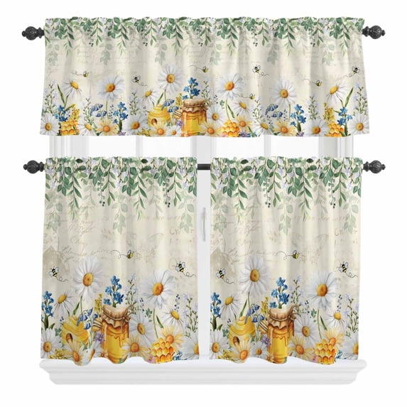 3 Piece Kitchen Curtains and Valances Set Daisy Spring Floral Cafe Curtains 36 Inch Length Farmhouse Botanical Green Leaves Valance & Tier Curtain for Living Room Bedroom Window 54"x18"+27"x36"*2
