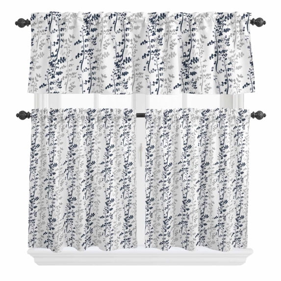 3 Piece Kitchen Curtains and Valances Set Dark Blue Grey Botanical Cafe Curtains 36 Inch Length Spring Floral Summer Farmhouse Valance & Tier Curtain for Living Room Bedroom Window 54"x18"+27"x36"*2