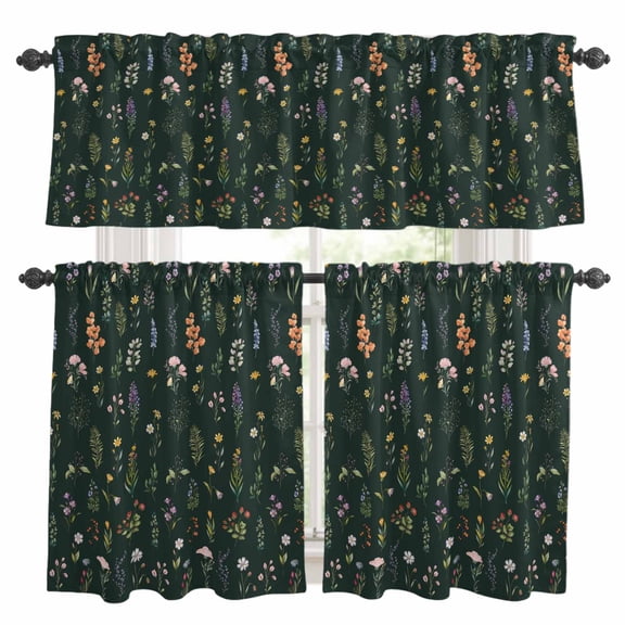 3 Piece Kitchen Curtains and Valances Set Dark Green Botanical Wildflowers Cafe Curtains 36 Inch Length Rustic Floral Valance & Tier Curtain for Living Room Bedroom Small Window 54"x18"+27"x36"*2