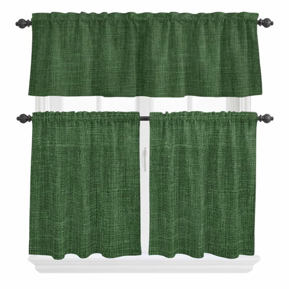 3 Piece Kitchen Curtains and Valances Set Dark Green Burlap Texture Cafe Curtains 24 Inch Length Farmhouse Vintage Green Valance & Tier Curtain for Living Room Bedroom Small Window 54"x18"+27"x24"*2