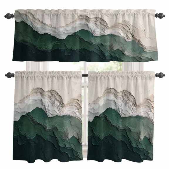 3 Piece Kitchen Curtains and Valances Set Dark Green Mountain Range Cafe Curtains 36 Inch Length Country Rustic Topography Valance & Tier Curtain for Living Room Bedroom Window 54"x18"+27"x36"*2