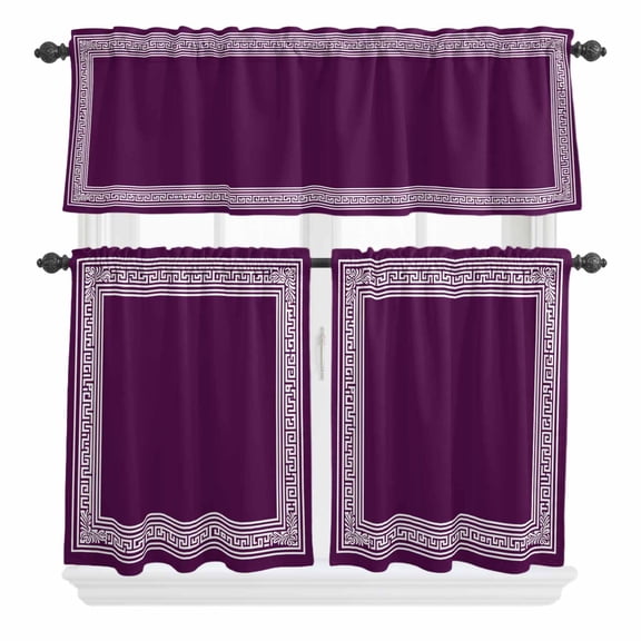 3 Piece Kitchen Curtains and Valances Set Dark Purple Greek Key Cafe Curtains 24 Inch Length Geometric Greece Ancient Farmhouse Geo Valance & Tier Curtain for Living Room Bedroom 54"x18"+27"x24"*2