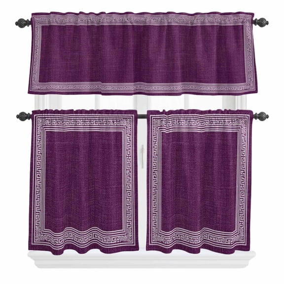 3 Piece Kitchen Curtains and Valances Set Dark Purple Retro Greek Key Cafe Curtains 24 Inch Length Geometric Greece Ancient Farmhouse Valance & Tier Curtain for Living Room Bedroom 54"x18"+27"x24"*2