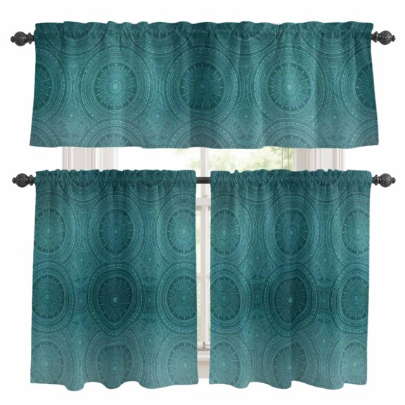 3 Piece Kitchen Curtains and Valances Set Ethnic Floral Cafe Curtains 24 Inch Length Aqua Teal Vintage Tribe Abstract Valance & Tier Curtain for Living Room Bedroom Small Window 54"x18"+27"x24"*2