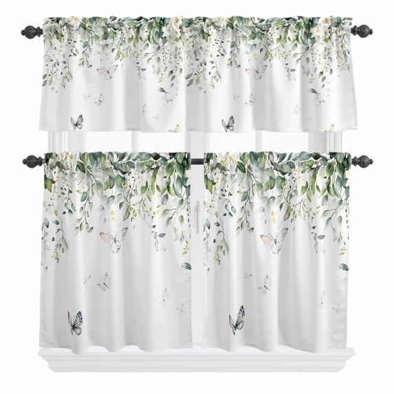3 Piece Kitchen Curtains and Valances Set Eucalyptus Cafe Curtains 36 Inch Length Butterfly Sage Green Leaf Farmhouse Plant Valance & Tier Curtain for Living Room Bedroom Window 54"x18"+27"x36"*2
