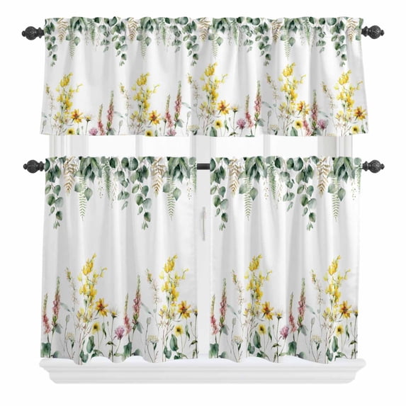 3 Piece Kitchen Curtains and Valances Set Eucalyptus Leaves Cafe Curtains 36 Inch Length Spring Country Botanical Flowers Floral Valance & Tier Curtain for Living Room Bedroom 54"x18"+27"x36"*2