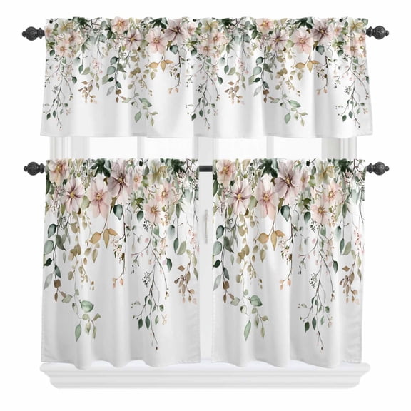 3 Piece Kitchen Curtains and Valances Set Eucalyptus Leaves Floral Cafe Curtains 24 Inch Length Vintage Farmhouse Botanical Valance & Tier Curtain for Living Room Bedroom Window 54"x18"+27"x24"*2
