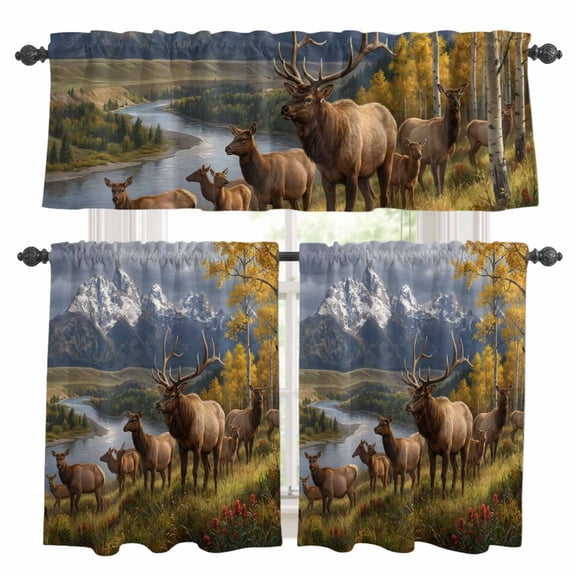 3 Piece Kitchen Curtains and Valances Set Farm Elk Cafe Curtains 24 Inch Length Farmhouse Mountain Forest Golden Yellow River Valance & Tier Curtain for Living Room Bedroom Window 54"x18"+27"x24"*2