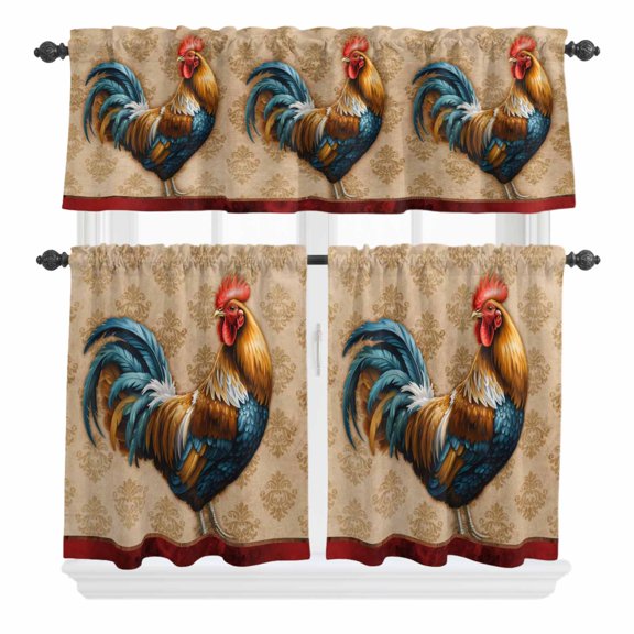 3 Piece Kitchen Curtains and Valances Set Farm Rooster Cafe Curtains 24 Inch Length Farmhouse Boho Animals Retro Pattern Valance & Tier Curtain for Living Room Bedroom Small Window 54"x18"+27"x24"*2