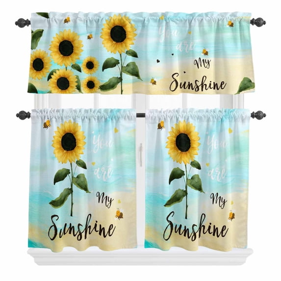 3 Piece Kitchen Curtains and Valances Set Farm Sunflowers Cafe Curtains 24 Inch Length Idyllic Country Botanical Bee Turquoise Valance & Tier Curtain for Living Room Bedroom Window 54"x18"+27"x24"*2