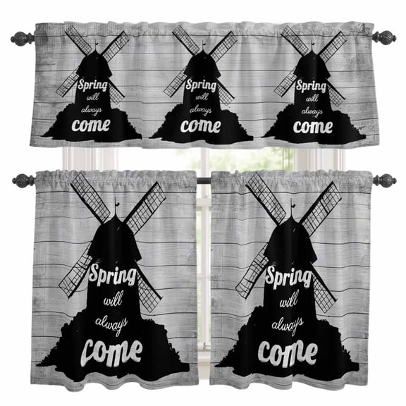 3 Piece Kitchen Curtains and Valances Set Farmhouse Black Windmill Cafe Curtains 24 Inch Length Spring Will Always Come Wood Grain Valance & Tier Curtain for Living Room Bedroom 54"x18"+27"x24"*2