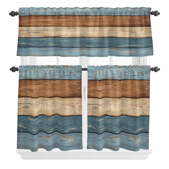3 Piece Kitchen Curtains and Valances Set Farmhouse Blue Brown Cafe Curtains 36 Inch Length Vintage Wooden Striped Valance & Tier Curtain for Living Room Bedroom Small Window 54"x18"+27"x36"*2