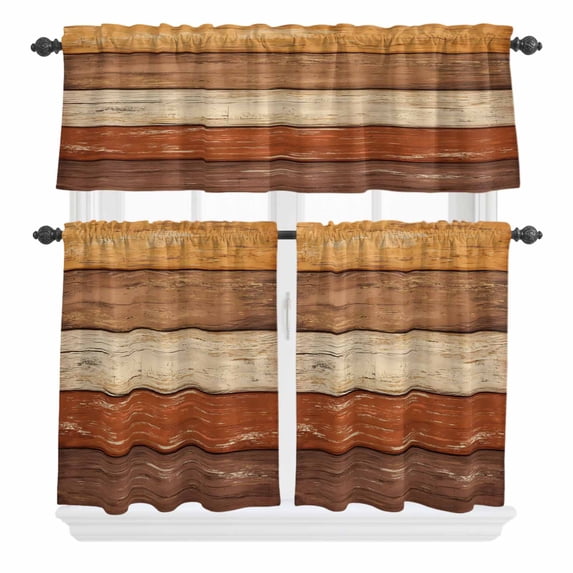 3 Piece Kitchen Curtains and Valances Set Farmhouse Burnt Orange Brown Cafe Curtains 36 Inch Length Vintage Wooden Striped Valance & Tier Curtain for Living Room Bedroom Window 54"x18"+27"x36"*2