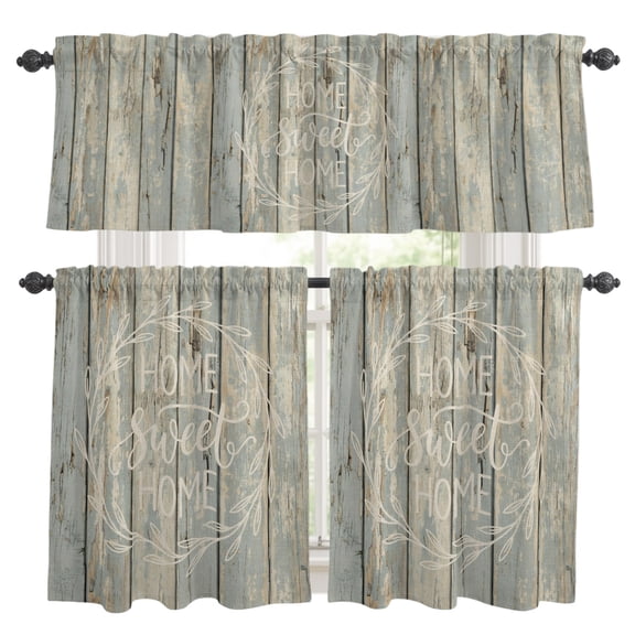 3 Piece Kitchen Curtains and Valances Set Farmhouse Cafe Curtains 24 Inch Length Botanical Florals Sand Rustic Distressed Wood Valance & Tier Curtain for Living Room Bedroom Window 54"x18"+27"x24"*2