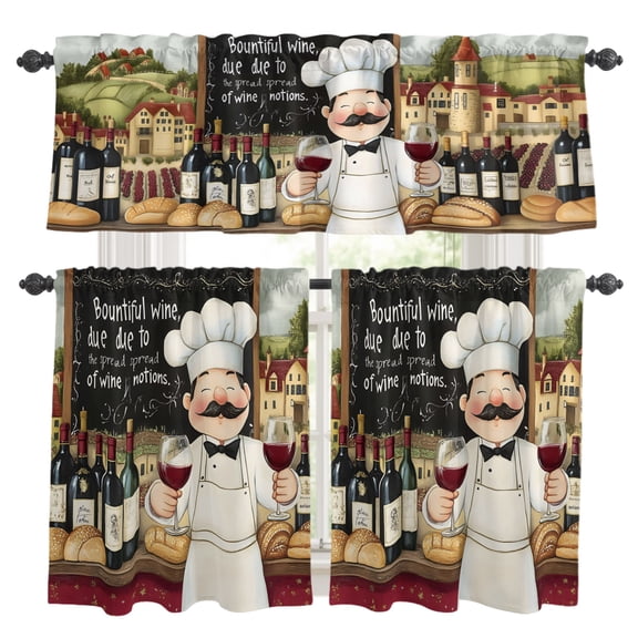 3 Piece Kitchen Curtains and Valances Set Farmhouse Chef Cafe Curtains 36 Inch Length Vintage Kitchen Bountiful Wine Bakery Valance & Tier Curtain for Living Room Bedroom Window 54"x18"+27"x36"*2
