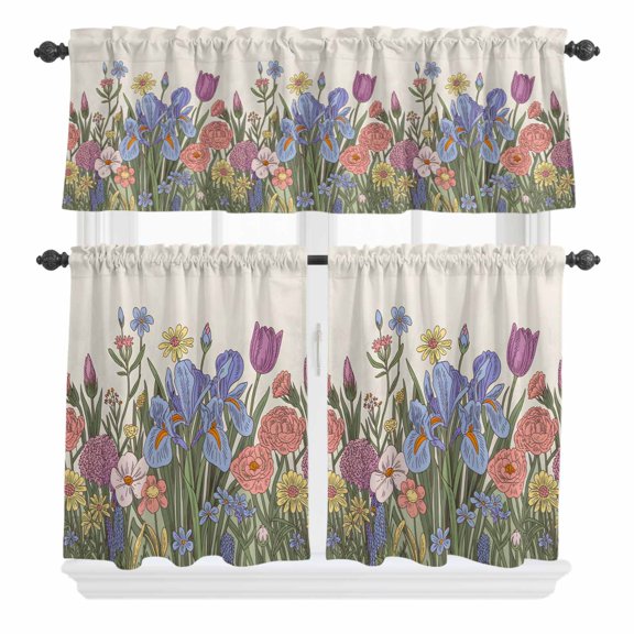 3 Piece Kitchen Curtains and Valances Set Farmhouse Flowers Cafe Curtains 24 Inch Length Botanical Watercolor Wildflowers Herbs Valance & Tier Curtain for Living Room Bedroom Window 54"x18"+27"x24"*2