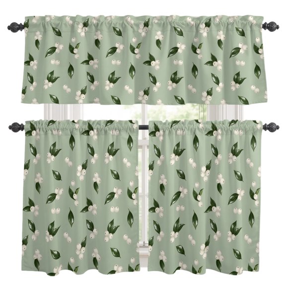 3 Piece Kitchen Curtains and Valances Set Farmhouse Green Leaves Cafe Curtains 24 Inch Length White Berries Vintage Country Plants Valance & Tier Curtain for Living Room Bedroom 54"x18"+27"x24"*2